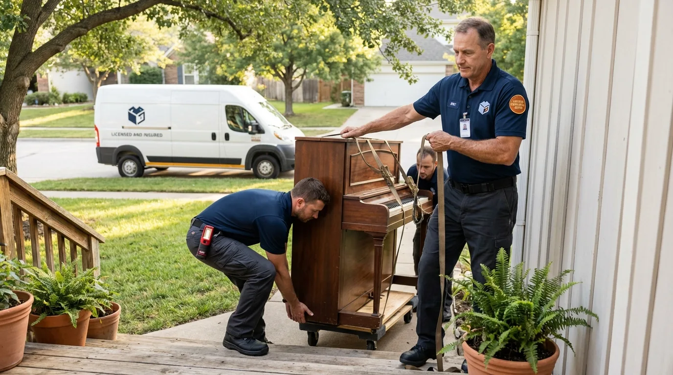 Licensed piano movers securing grand piano in Woodstock, NH