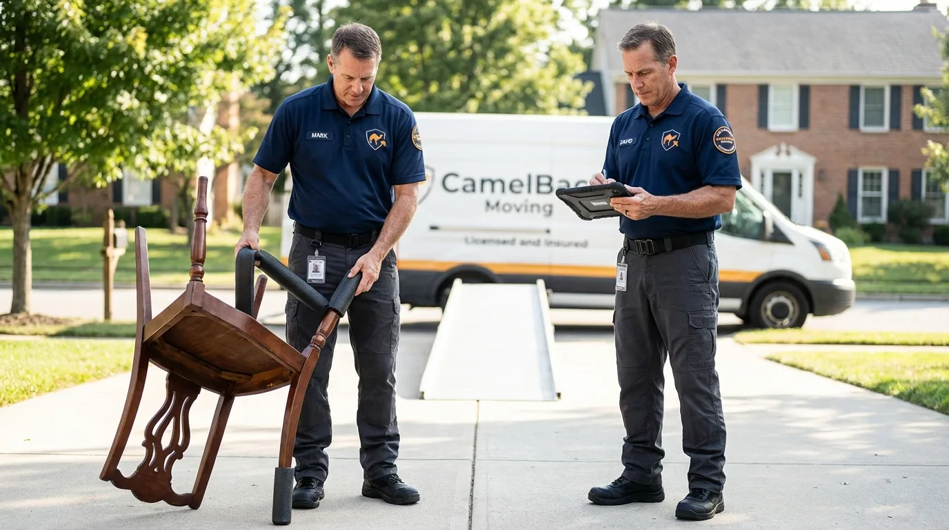 Movers inspecting furniture for damage prevention before loading in Woodstock, NH