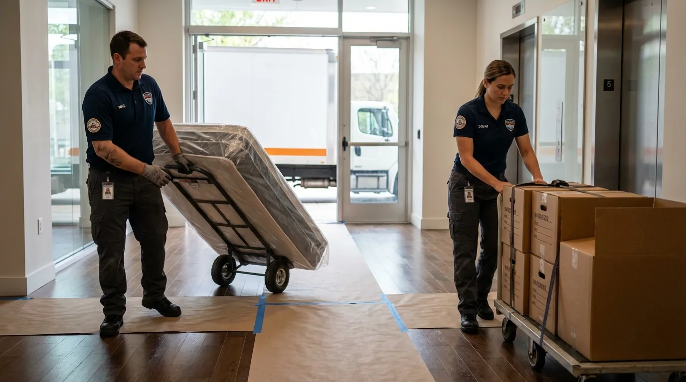 Professional apartment movers loading elevator in Woodstock, NH