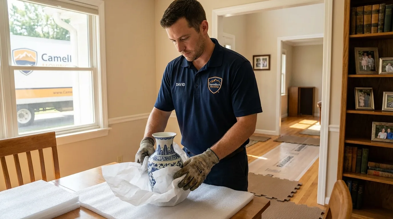 Professional crew carefully wrapping antique vase for senior downsizing move in Woodstock, NH