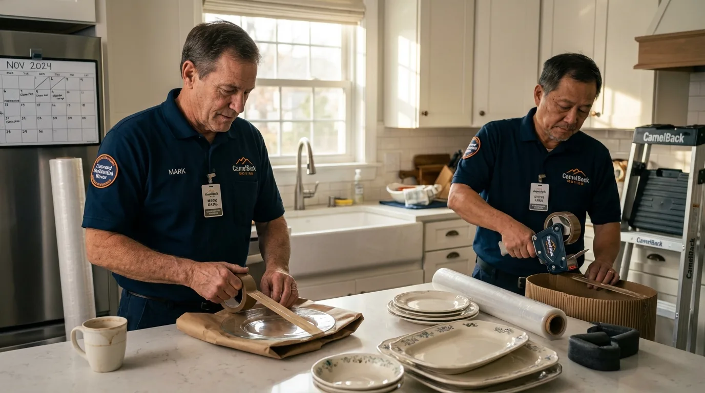 Professional crew packing kitchen dishware in Woodstock, NH